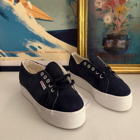 Navy Suede Platform Supergas with fleece lining - Size 6 - Picture 3 of 7